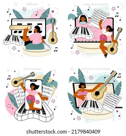 Music school or course online service or platform set. Students learn to play music. Young musician playing musical instruments. Online education, call, website. Flat vector illustration