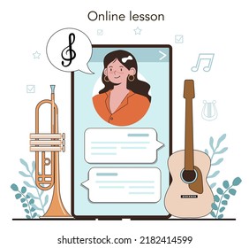 Music school or course online service or platform. Students learn to play music. Young musician playing musical instruments. Online lesson. Flat vector illustration