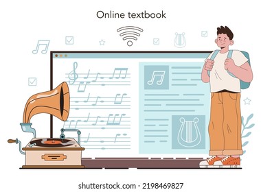Music school or course online service or platform. Students learn to play music. Young musician playing musical instruments. Online textbook. Flat vector illustration