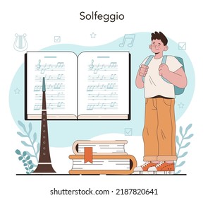 Music school or course. Students learn to play music. Young musician playing musical instruments. Vocal and solfeggio class. Flat vector illustration