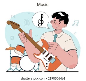 Music school or course. Students learn to play music. Young musician playing musical instruments. Vocal and solfeggio class. Flat vector illustration