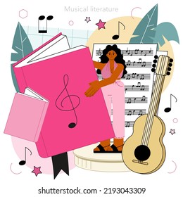 Music school or course. Students learn to play music. Young musician playing musical instruments. Vocal and solfeggio class. Flat vector illustration