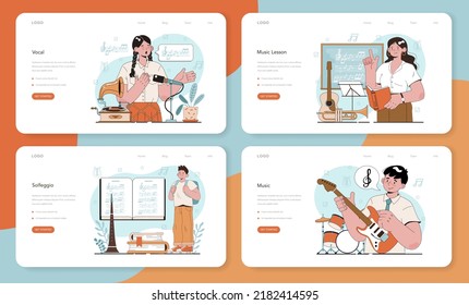 Music school or course web banner or landing page set. Students learn to play music. Young musician playing musical instruments. Vocal and solfeggio class. Flat vector illustration