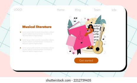 Music school or course web banner or landing page. Students learn to play music. Young musician playing musical instruments. Vocal and solfeggio class. Flat vector illustration