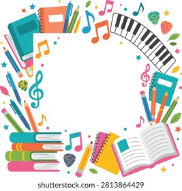 Music and school education border frame with piano keys, musical notes, books, pencils, and pens on a white background