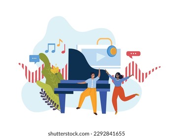 Music school flat composition with view of sound wave notes and grand piano with doodle people vector illustration