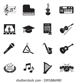 Music School Icons. Black Flat Design. Vector Illustration. 