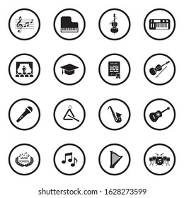 Music School Icons. Black Flat Design In Circle. Vector Illustration.