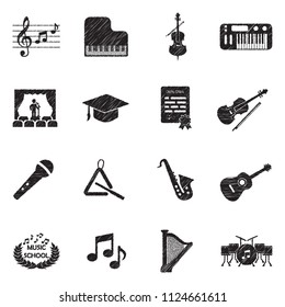 Music School Icons. Black Scribble Design. Vector Illustration.