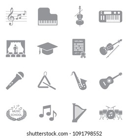 Music School Icons. Gray Flat Design. Vector Illustration. 