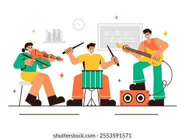 Music School Illustration Featuring Various Musical Instruments, Learning Music Education, and Performing as Musicians and Singers in a Background