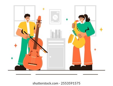 Music School Illustration Featuring Various Musical Instruments, Learning Music Education, and Performing as Musicians and Singers in a Background