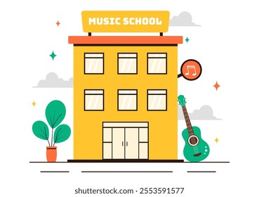 Music School Illustration Featuring Various Musical Instruments, Learning Music Education, and Performing as Musicians and Singers in a Background