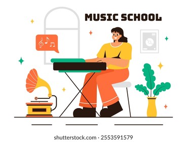 Music School Illustration Featuring Various Musical Instruments, Learning Music Education, and Performing as Musicians and Singers in a Background