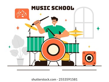 Music School Illustration Featuring Various Musical Instruments, Learning Music Education, and Performing as Musicians and Singers in a Background