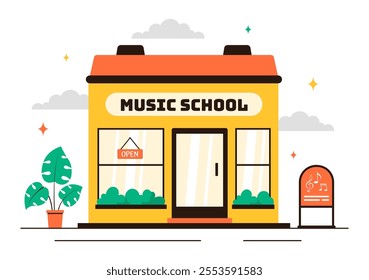 Music School Illustration Featuring Various Musical Instruments, Learning Music Education, and Performing as Musicians and Singers in a Background