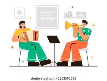 Music School Illustration Featuring Various Musical Instruments, Learning Music Education, and Performing as Musicians and Singers in a Background