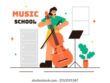 Music School Illustration Featuring Various Musical Instruments, Learning Music Education, and Performing as Musicians and Singers in a Background