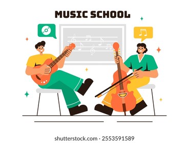 Music School Illustration Featuring Various Musical Instruments, Learning Music Education, and Performing as Musicians and Singers in a Background