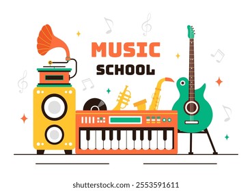 Music School Illustration Featuring Various Musical Instruments, Learning Music Education, and Performing as Musicians and Singers in a Background