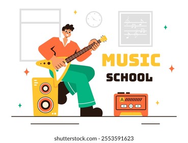 Music School Illustration Featuring Various Musical Instruments, Learning Music Education, and Performing as Musicians and Singers in a Background