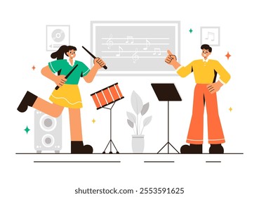 Music School Illustration Featuring Various Musical Instruments, Learning Music Education, and Performing as Musicians and Singers in a Background