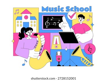 Ilustración de la escuela de música con varios Instrumentos musicales, aprendizaje de Educación musical y actividades de actuación de músicos y cantantes
