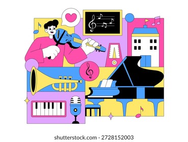 Ilustración de la escuela de música con varios Instrumentos musicales, aprendizaje de Educación musical y actividades de actuación de músicos y cantantes
