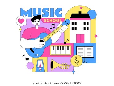 Ilustración de la escuela de música con varios Instrumentos musicales, aprendizaje de Educación musical y actividades de actuación de músicos y cantantes
