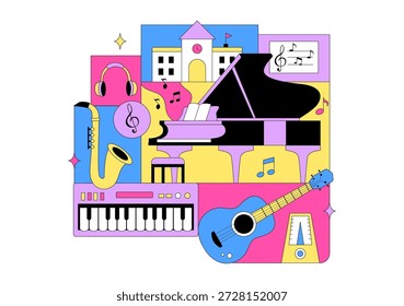 Ilustración de la escuela de música con varios Instrumentos musicales, aprendizaje de Educación musical y actividades de actuación de músicos y cantantes
