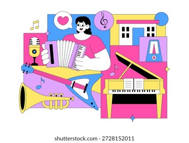 Ilustración de la escuela de música con varios Instrumentos musicales, aprendizaje de Educación musical y actividades de actuación de músicos y cantantes

