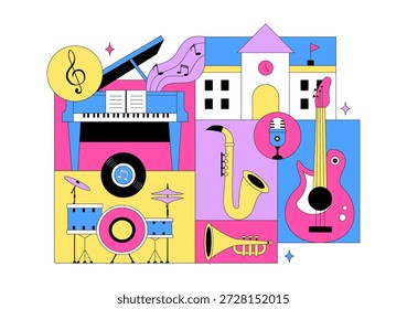 Ilustración de la escuela de música con varios Instrumentos musicales, aprendizaje de Educación musical y actividades de actuación de músicos y cantantes
