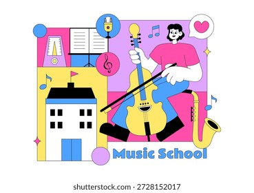 Ilustración de la escuela de música con varios Instrumentos musicales, aprendizaje de Educación musical y actividades de actuación de músicos y cantantes
