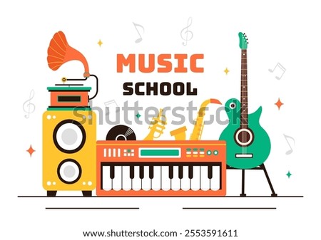 Music School Illustration Featuring Various Musical Instruments, Learning Music Education, and Performing as Musicians and Singers in a Background