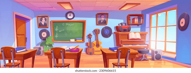 Music school kid classroom for play piano and guitar lesson cartoon vector illustration. Nobody in pianist class to learn musician instrument for child. Pupil art education for festival performance