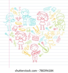 Music school for kids Vector illustration Children singing songs, playing musical instruments Kindergarten Doodle icon collection Illustration for children music lesson