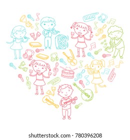 Music school for kids Vector illustration Children singing songs, playing musical instruments Kindergarten Doodle icon collection Illustration for children music lesson