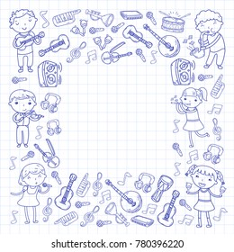 Music school for kids Vector illustration Children singing songs, playing musical instruments Kindergarten Doodle icon collection Illustration for children music lesson