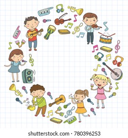 Music School For Kids Vector Illustration Children Singing Songs, Playing Musical Instruments Kindergarten Doodle Icon Collection Illustration For Children Music Lesson