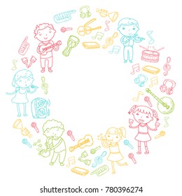 Music school for kids Vector illustration Children singing songs, playing musical instruments Kindergarten Doodle icon collection Illustration for children music lesson