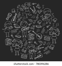 Music school for kids Vector illustration Children singing songs, playing musical instruments Kindergarten Doodle icon collection Illustration for children music lesson