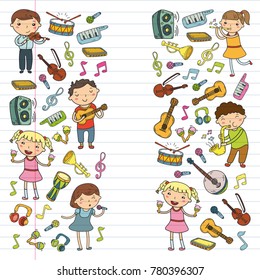 Music school for kids Vector illustration Children singing songs, playing musical instruments Kindergarten Doodle icon collection Illustration for children music lesson