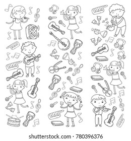 Music School For Kids Vector Illustration Children Singing Songs, Playing Musical Instruments Kindergarten Doodle Icon Collection Illustration For Children Music Lesson