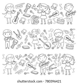 Music school for kids Vector illustration Children singing songs, playing musical instruments Kindergarten Doodle icon collection Illustration for children music lesson