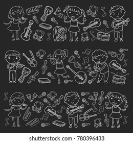 Music school for kids Vector illustration Children singing songs, playing musical instruments Kindergarten Doodle icon collection Illustration for children music lesson