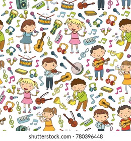 Music school for kids Vector illustration Children singing songs, playing musical instruments Kindergarten Doodle icon collection Illustration for children music lesson