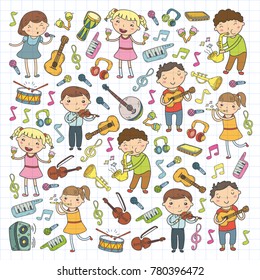 Music school for kids Vector illustration Children singing songs, playing musical instruments Kindergarten Doodle icon collection Illustration for children music lesson