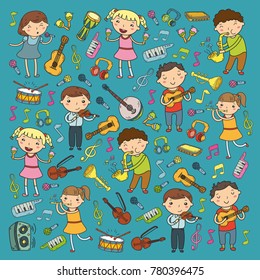 Music school for kids Vector illustration Children singing songs, playing musical instruments Kindergarten Doodle icon collection Illustration for children music lesson