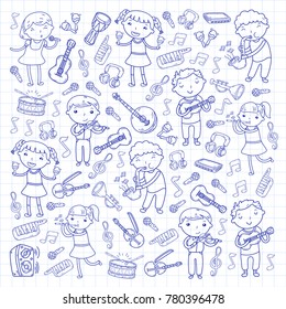 Music school for kids Vector illustration Children singing songs, playing musical instruments Kindergarten Doodle icon collection Illustration for children music lesson