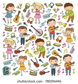 Music school for kids Vector illustration Children singing songs, playing musical instruments Kindergarten Doodle icon collection Illustration for children music lesson